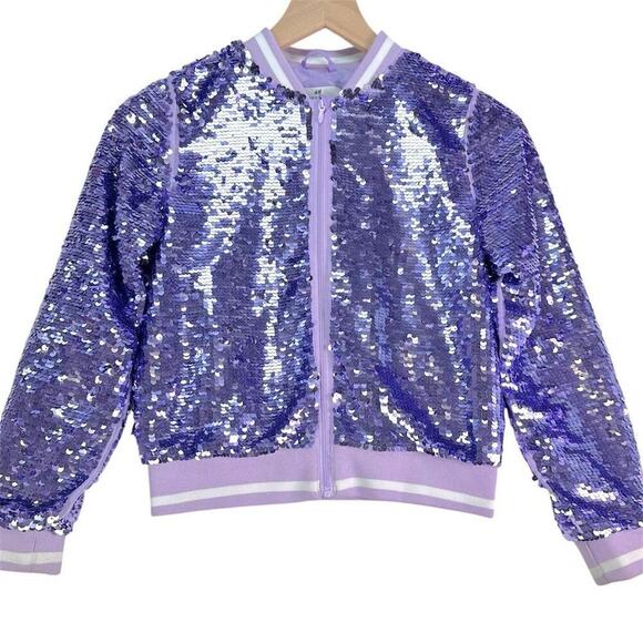 H&M Girls Purple Playful Flip Sequin Bomber Jacket Whimsical Cat Design Sz10-12 - Picture 4 of 16